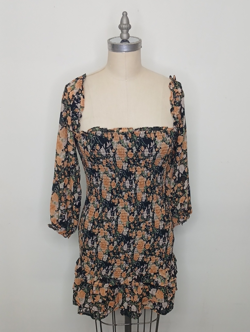 NWT Storia Floral Smocked Long-Sleeve Mini Dress - Black & Peach / Small